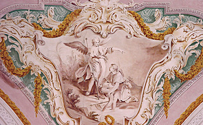 Fresko in der Stiftskirche Reichersberg: Der Erzengel Rafael begleitet Tobias und ist ihm Schutzengel, wie im biblischen Buch Tobit zu lesen ist.
